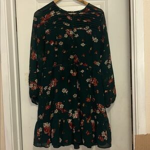 Madewell Pintuck Ruffle Dress Women's 10 Green Spruce Blooms Sheer‎ Sleeve